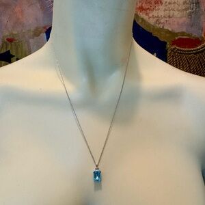 10 K white gold genuine diamond blue topaz emerald cut pendant 10 K chain